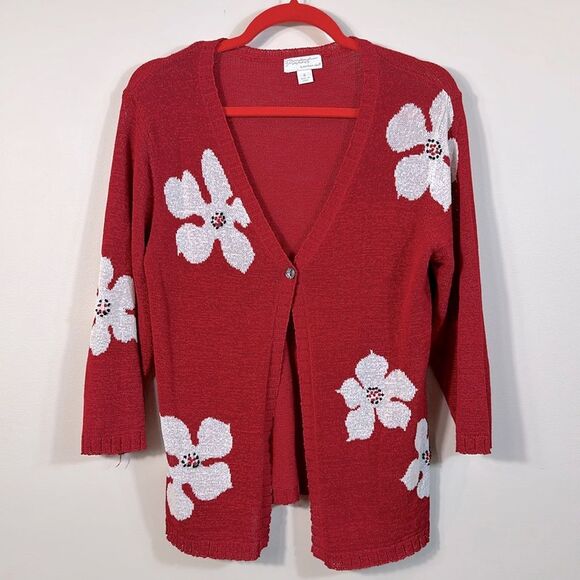 Portrait Sweaters - Portraits Northern Isles Red White Flower Knit Cardigan 3/4 Sleeve Women Medium